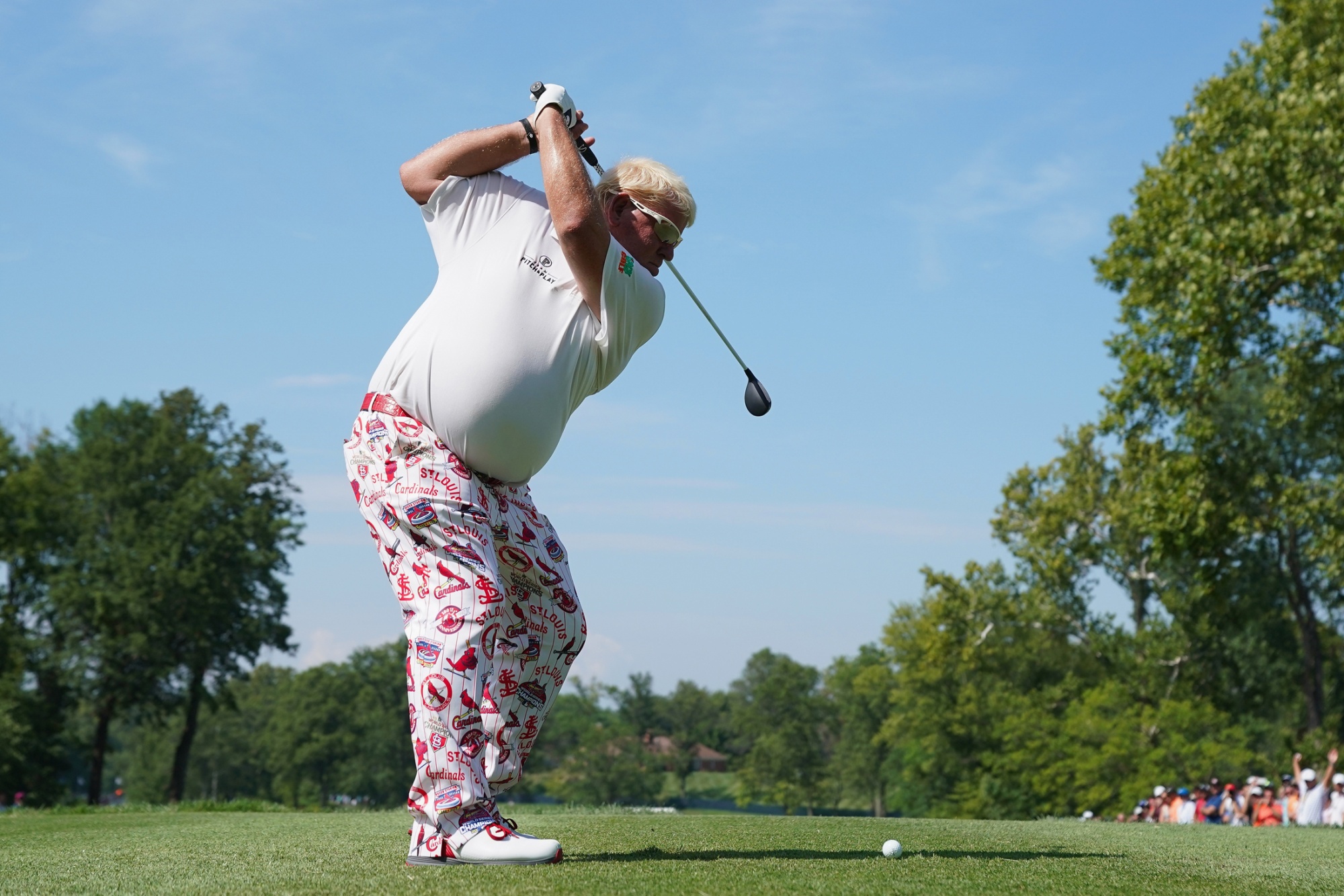 John Daly of the United States plays his shot from the second tee during the first round of the 2018 PGA Championship at Bellerive Country Club on August 9, 2018 in St Louis, Missouri. Photographer: Ross Kinnaird/Getty Images