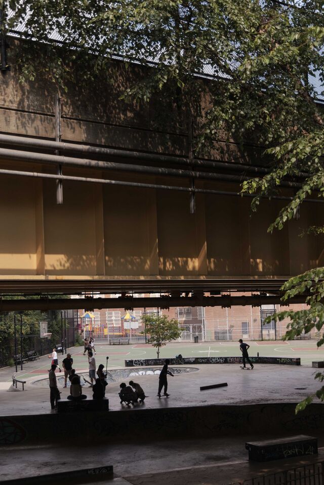 Skateboarders at Golconda Skate Park under the Brooklyn Queens Expressway.