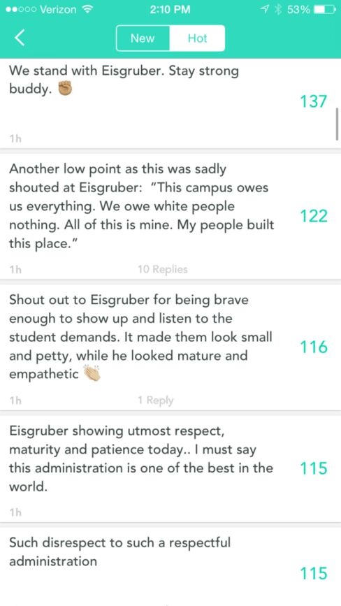 Yik Yak posts in Princeton, NJ, reacting to the protests.