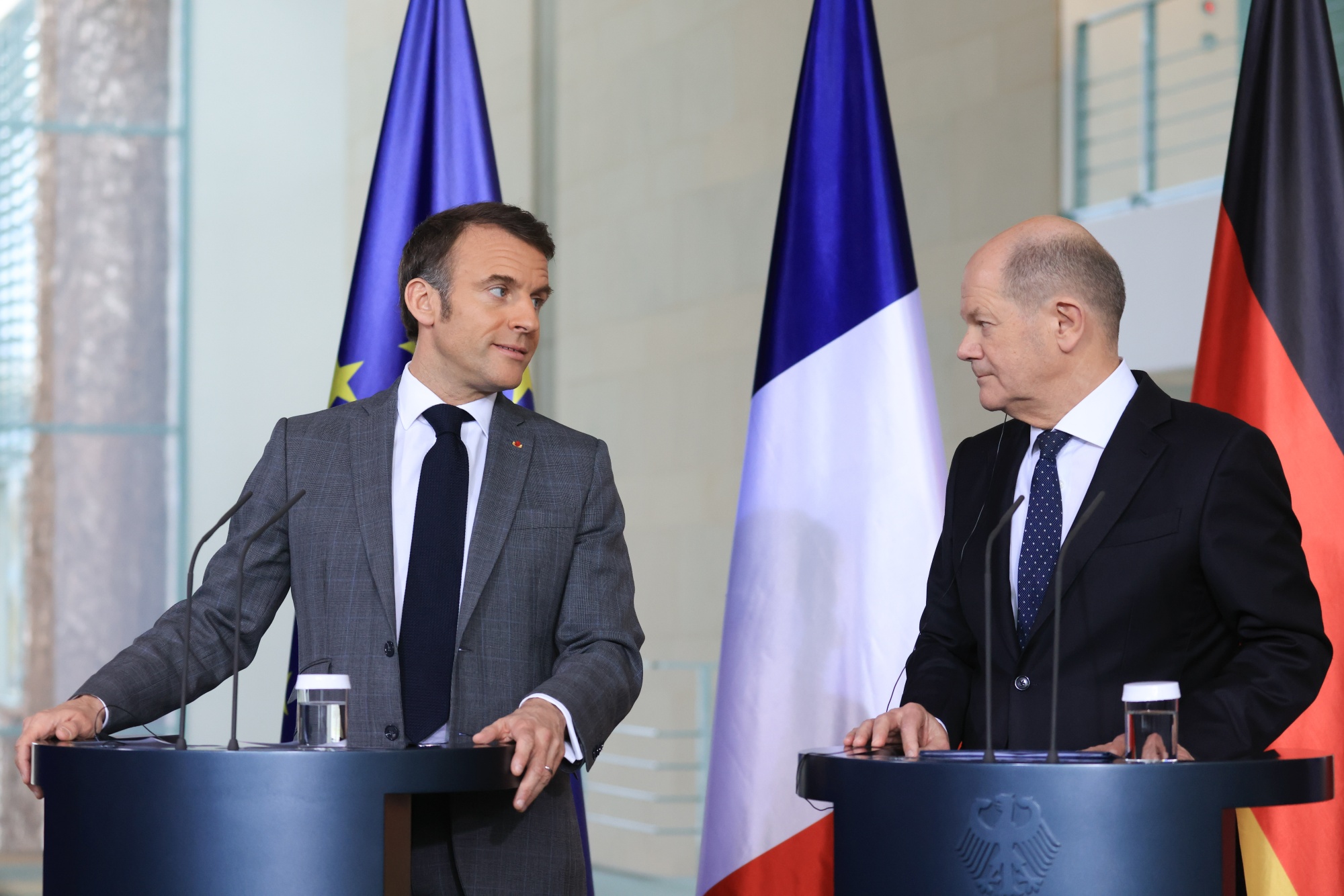Emmanuel Macron, left, and Olaf Scholz, in Berlin, on March 15.