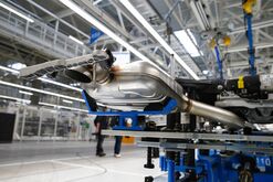An exhaust unit on production line at a Mercedes-Benz factory&nbsp;in Sindelfingen, Germany.