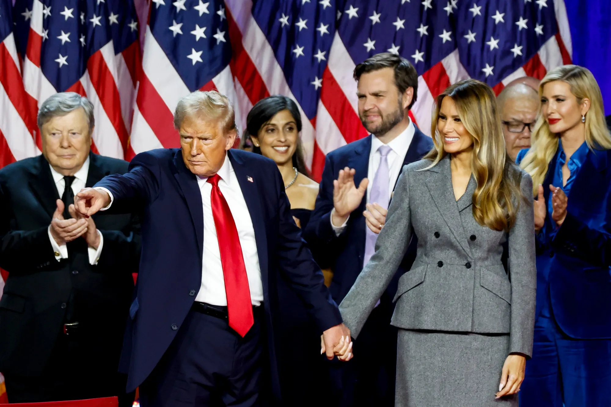 Donald Trump and running mate Senator JD Vance stand with family members during an election night event in West Palm Beach, Florida.&nbsp;