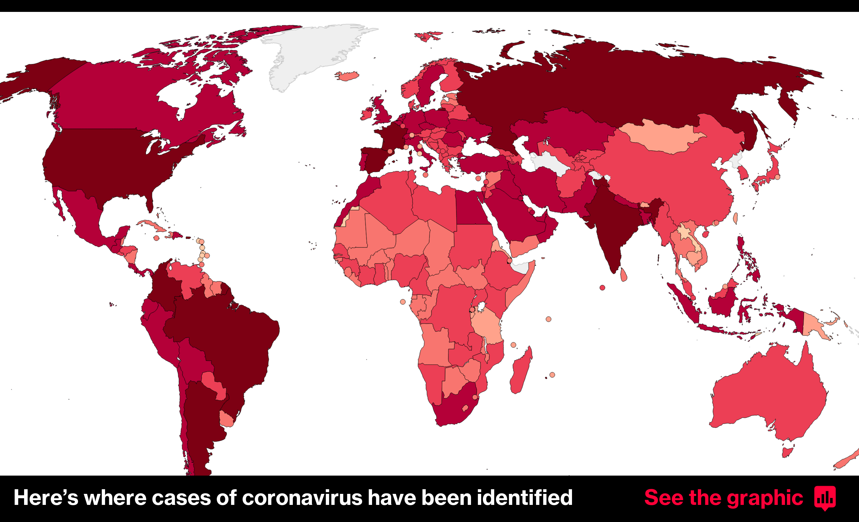 2020-コロナウイルスの事例 - 世界地図インライン