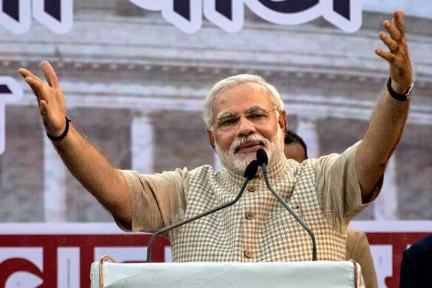 Narendra Modi speaks to supporters in Vadodara, India, on May 16
