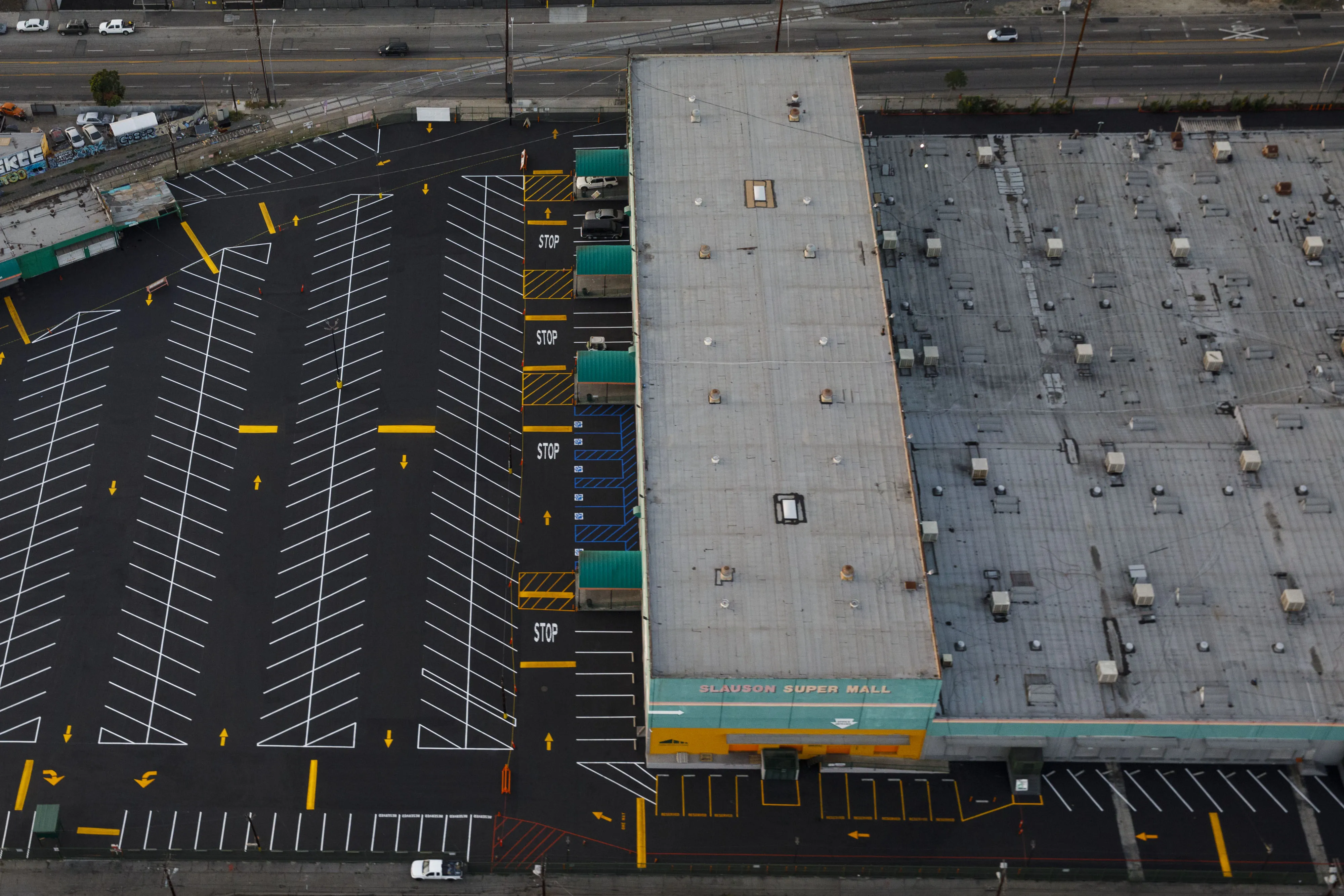 An empty parking lot outside the Slauson Super Mall shopping center in Los Angeles, May 1.