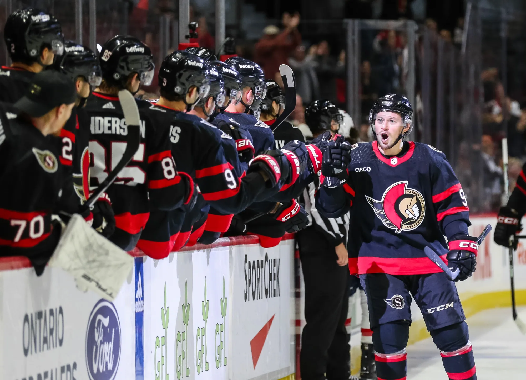 The Ottawa Senators celebrate a goal against the Washington Capitals on Oct.&nbsp;18.