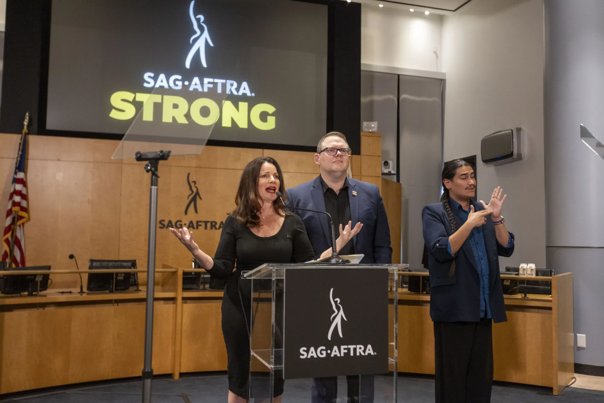 Actor Fran Drescher, president of SAG-AFTRA, left, and Duncan Crabtree-Ireland, national executive director and chief negotiator of SAG-AFTRA, center, during a news conference in Los Angeles&nbsp;on Friday, Nov. 10, 2023.