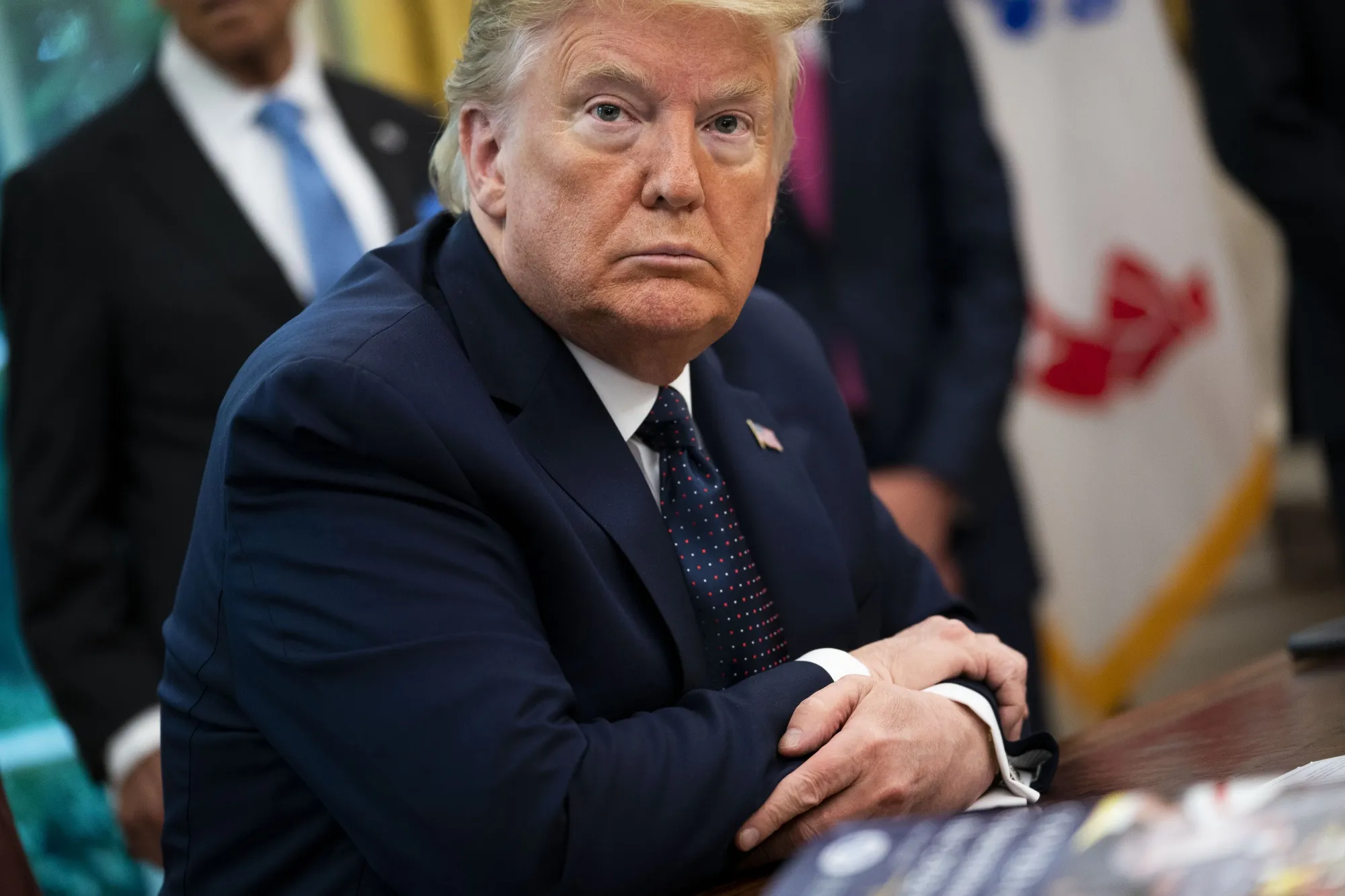 Donald Trump listens during a briefing in Washington, D.C., on May 28, 2020.&nbsp;