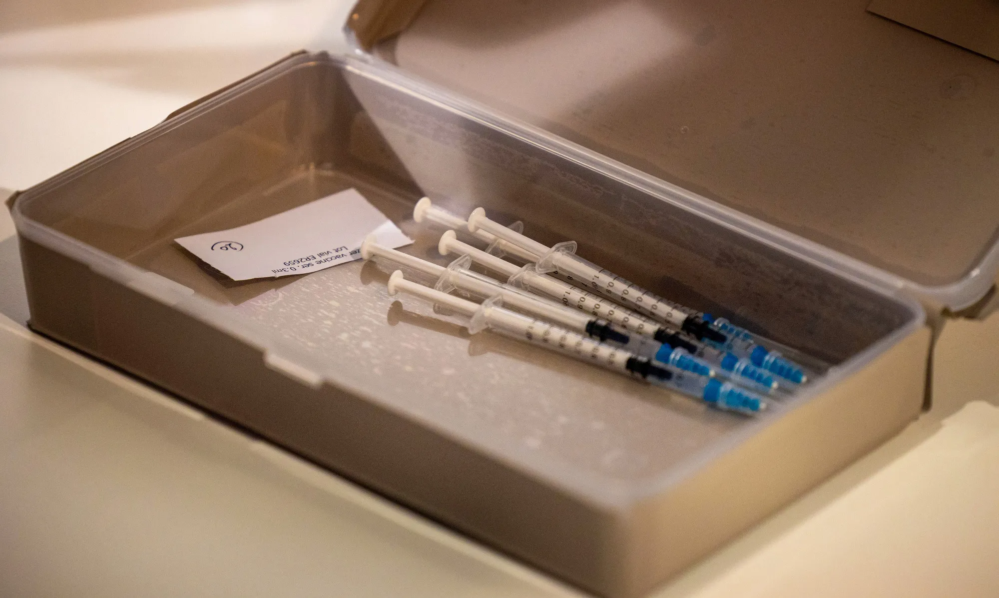 Prepared syringes at the Brussels Expo Covid-19 Vaccination Center.