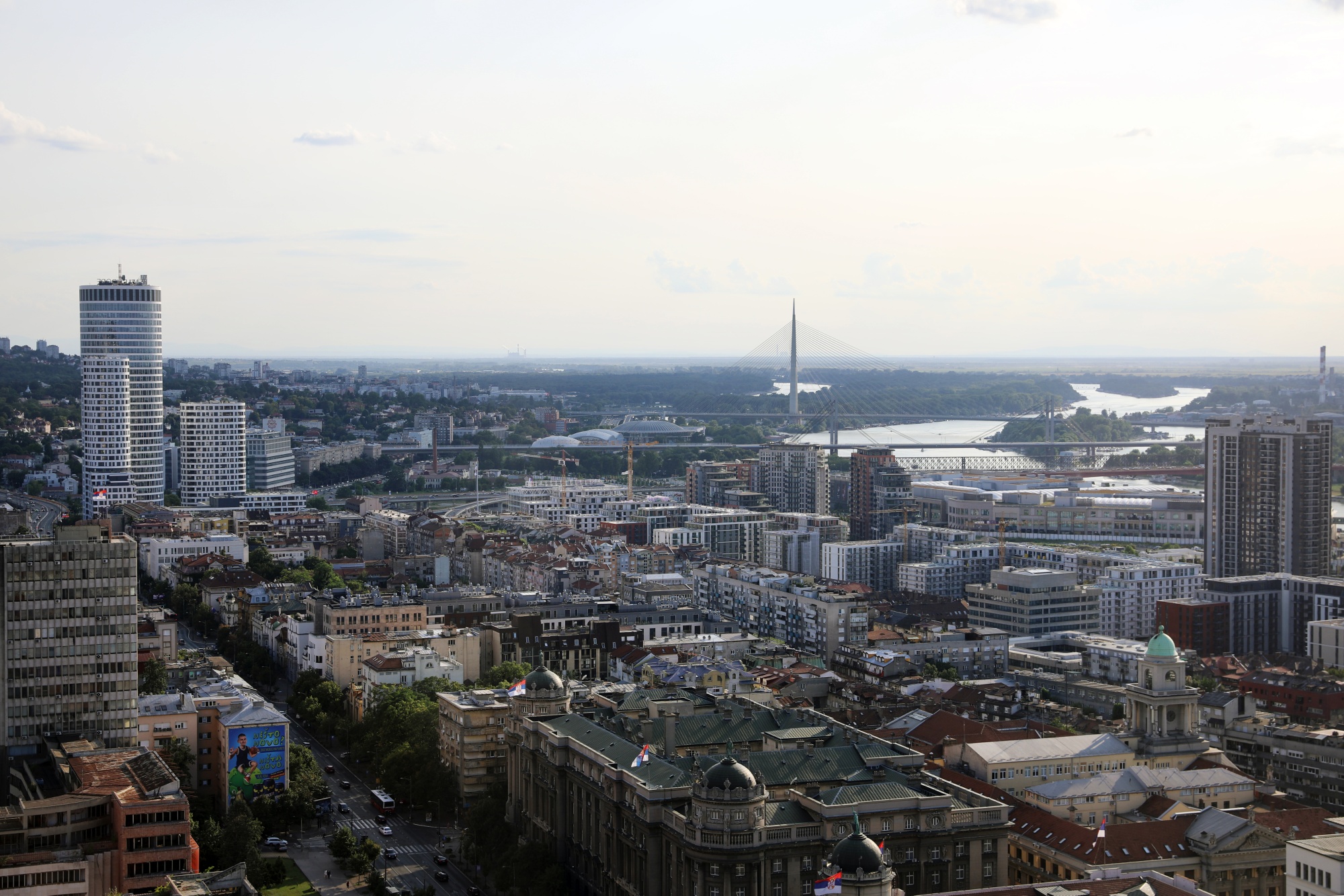 he former Yugoslavia Ministry of Defence building, that was hit by NATO missiles during the war over Kosovo in 1999, from bottom left, and the Ministry of Foreign Affairs building, in Belgrade, Serbia, on Thursday, July 25, 2024. Jared Kushner, the son-in-law of former US President Donald Trump, wants to turn the former ministry building into a luxury destinations for the international wealthy. Photographer: Svetlana Dojcinovic/Bloomberg