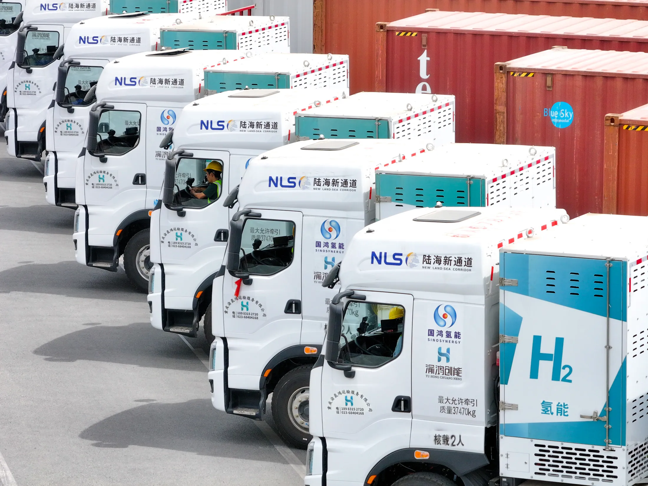 Hydrogen-powered trucks at a port in Chongqing, China, in April. China is the world’s largest hydrogen consumer.