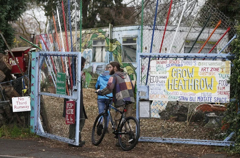 Grow Heathrow in 2015. It began in 2010 as a protest camp fighting the expansion of Heathrow Airport, and was partly evicted in 2019.