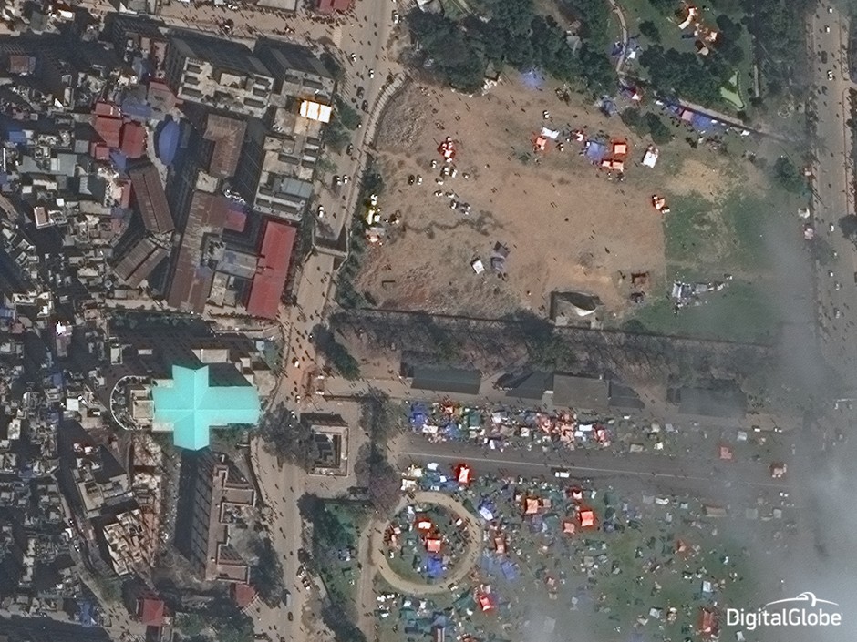 Kathmandu from above, one day after a 7.8 magnitude earthquake hit the Nepalese city. 
