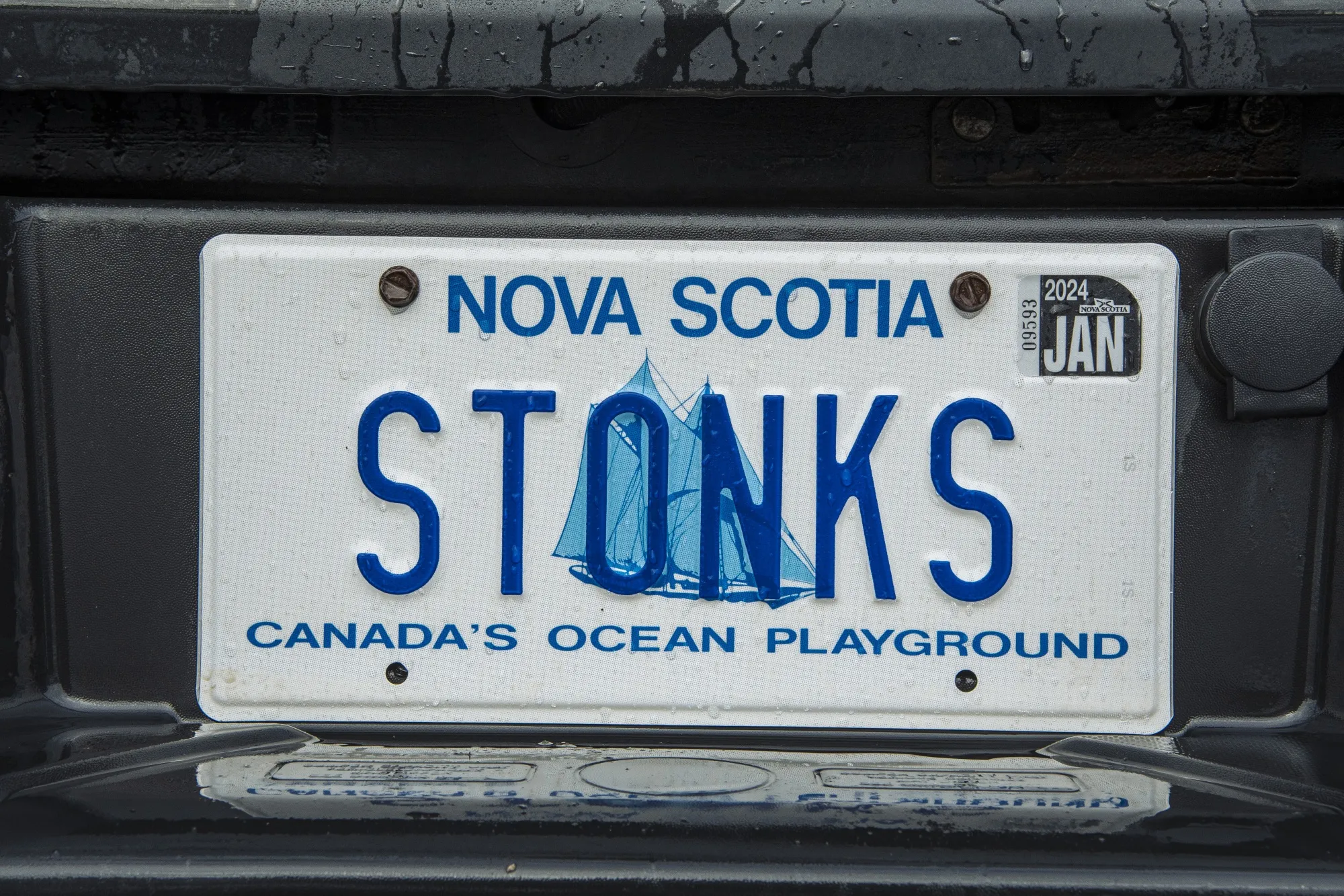 Chris Perrotta's "STONKS" license plate outside his home in Dartmouth, Nova Scotia, Canada.