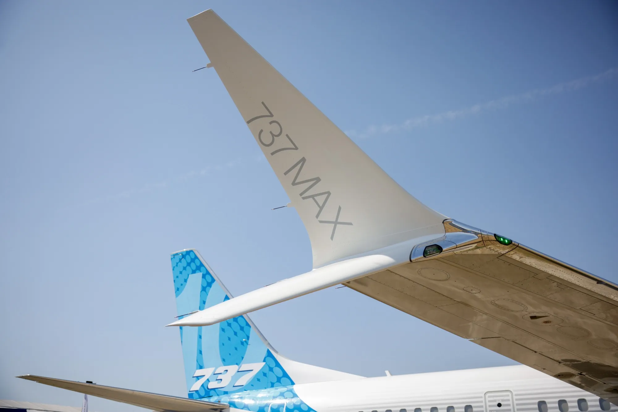 The wingtips of a Boeing 737 Max 10.