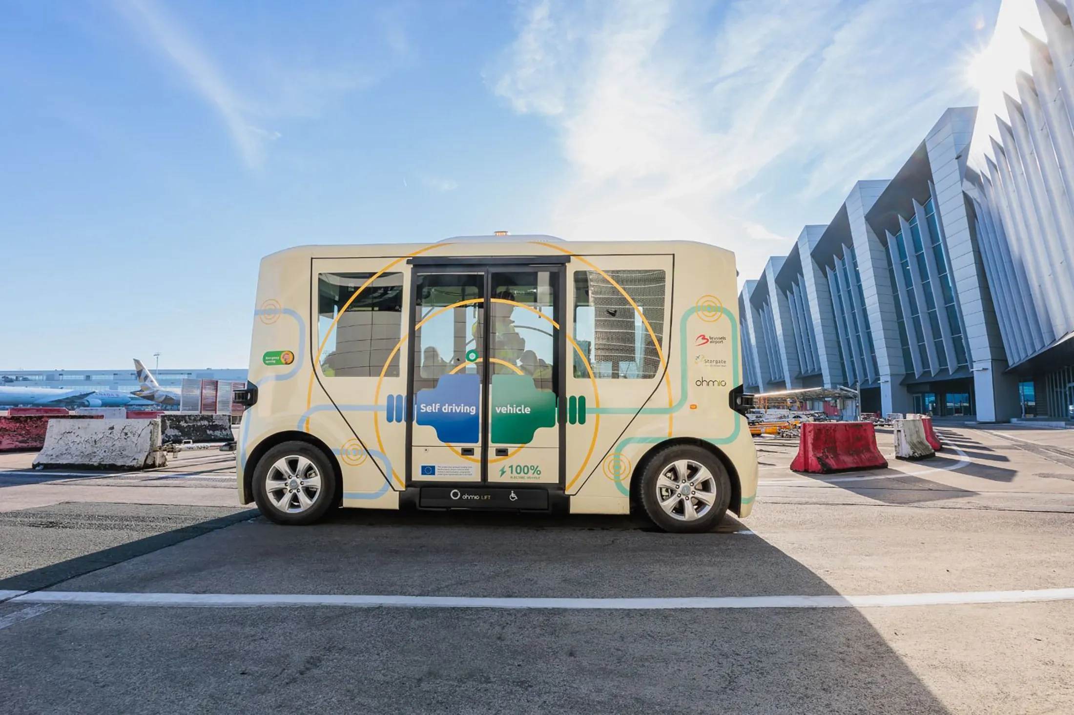 An Ohmio autonomous vehicle during Port Authority testing of electric self-driving shuttles at Newark Liberty International Airport (EWR).