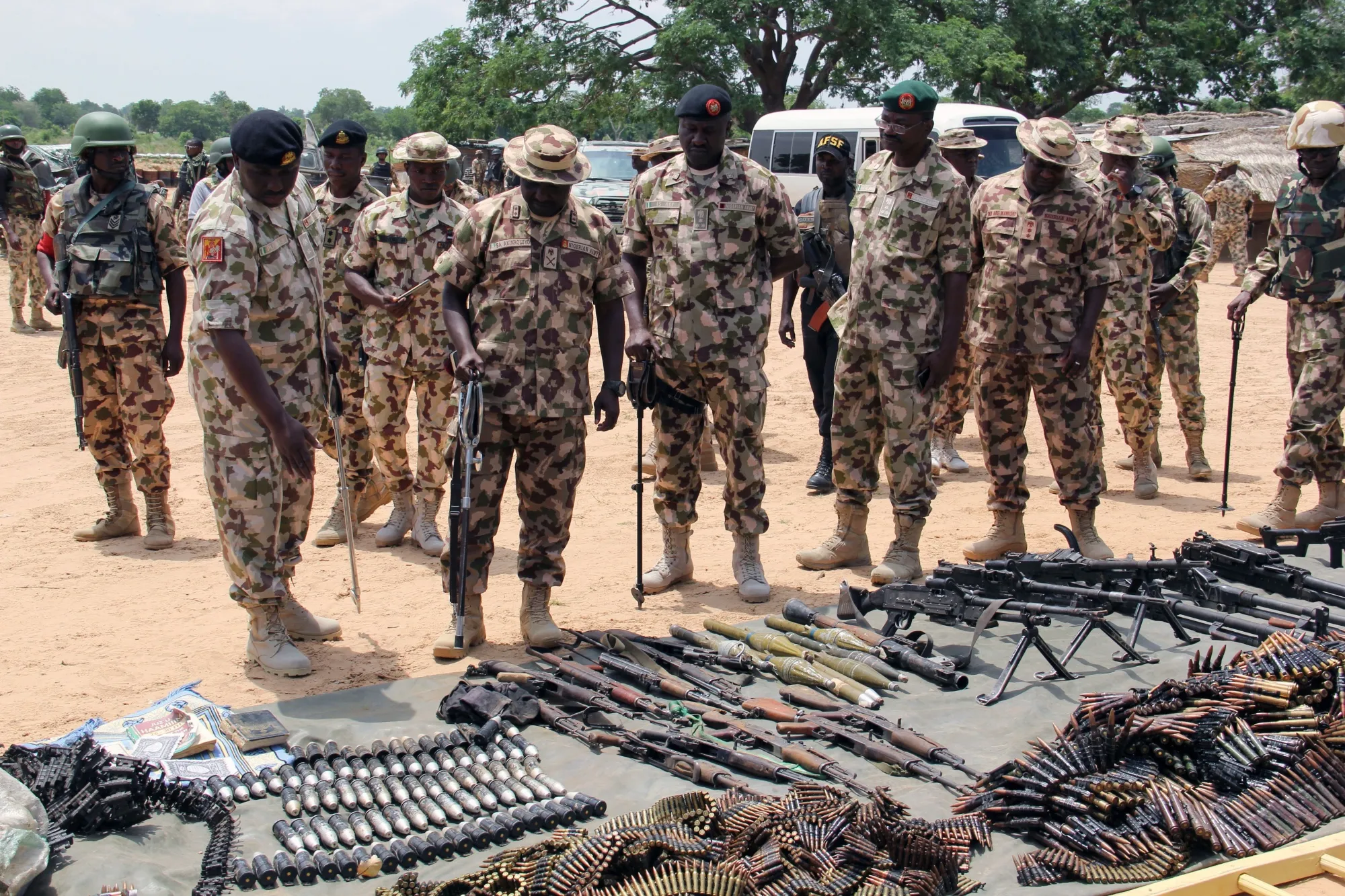 Nigerian military commanders inspect weapons recovered from Boko Haram in&nbsp;Yobe state&nbsp;in 2019.