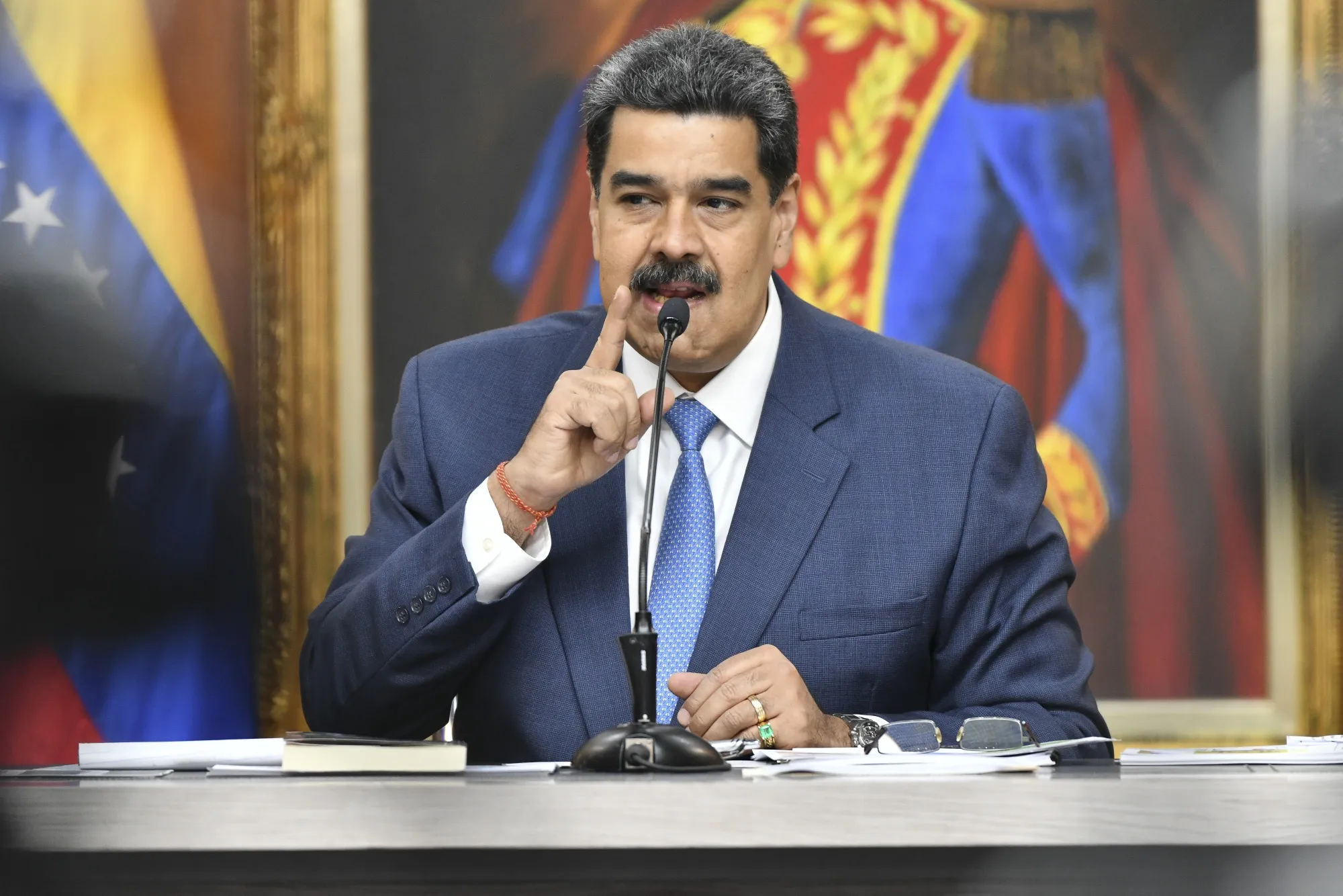 Nicolas Maduro, Venezuela's president, speaks during a press conference at Miraflores Palace in Caracas, Venezuela, on Friday, Feb. 14, 2020. "The day the courts of the Republic order Juan Guaido's detention for the crimes he has committed, he will go to jail, rest assured," Maduro said.