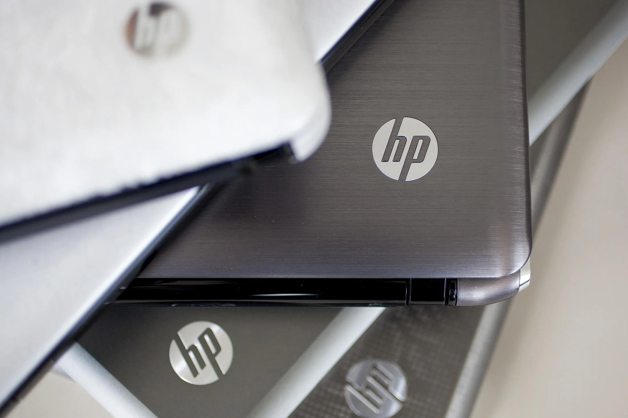 New Hewlett Packard (HP) laptops are arranged for a photo in