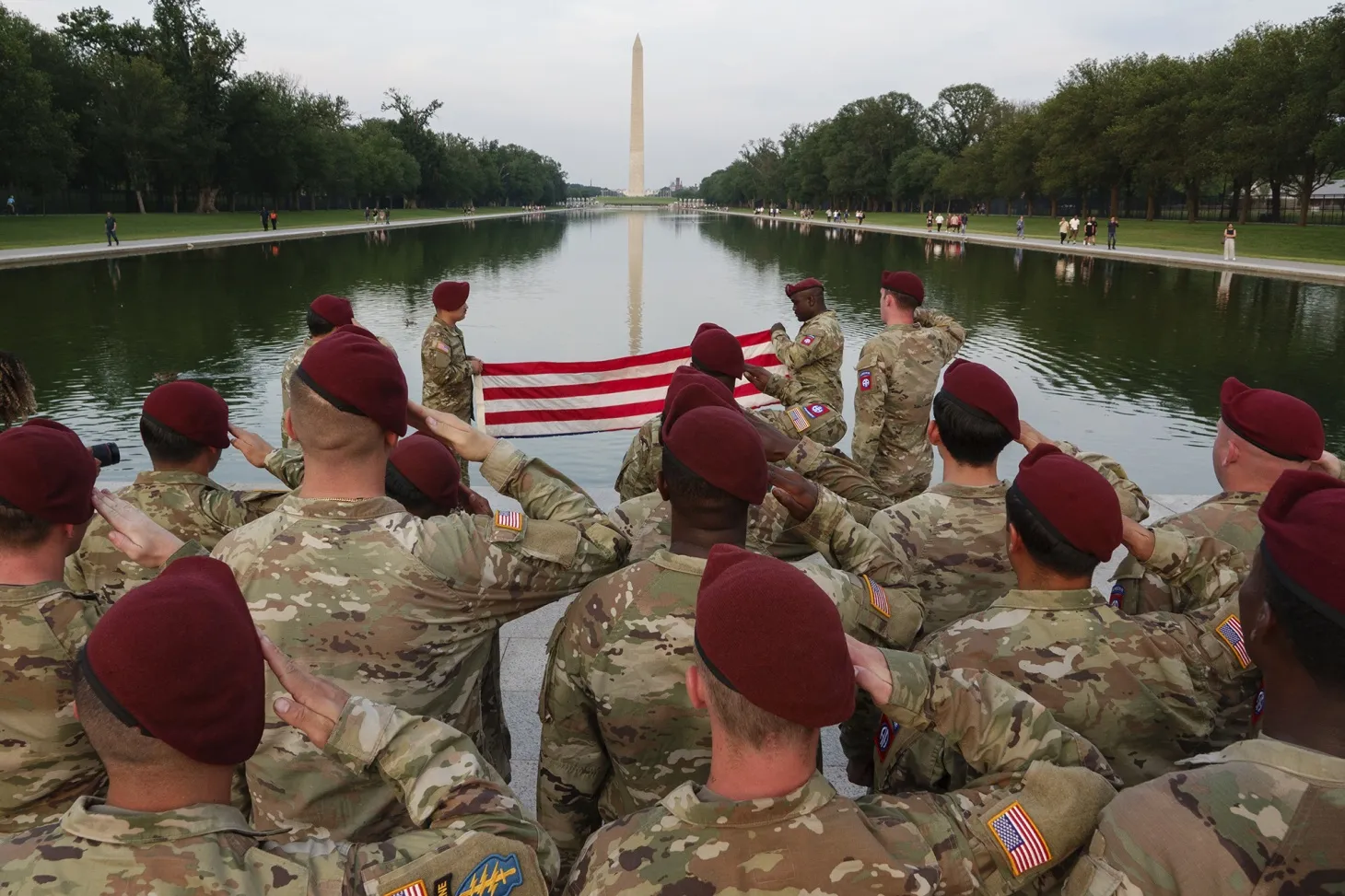 Army paratroopers from the 82nd Airborne Division based at Fort Bragg conduct a reenlistment ceremony near the Reflecting Pool in Washington on June 12.