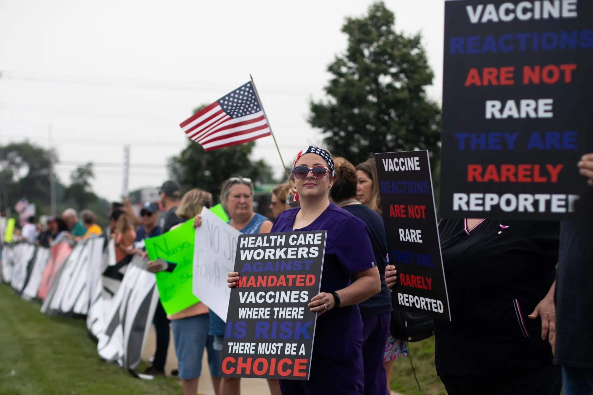 Demonstrators during a protest against mandatory Covid-19 vaccinations for healthcare workers in Michigan.