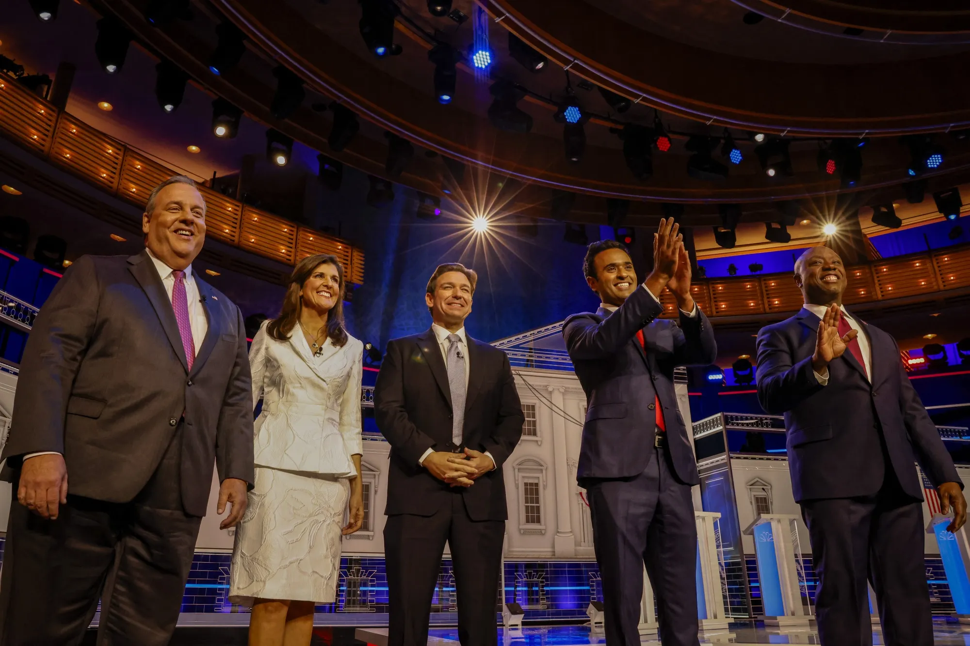 Chris Christie, from left, Nikki Haley, Ron DeSantis, Vivek Ramaswamy and Senator Tim Scott, arrive to participate in the Republican primary presidential debate hosted by NBC News in Miami.&nbsp;