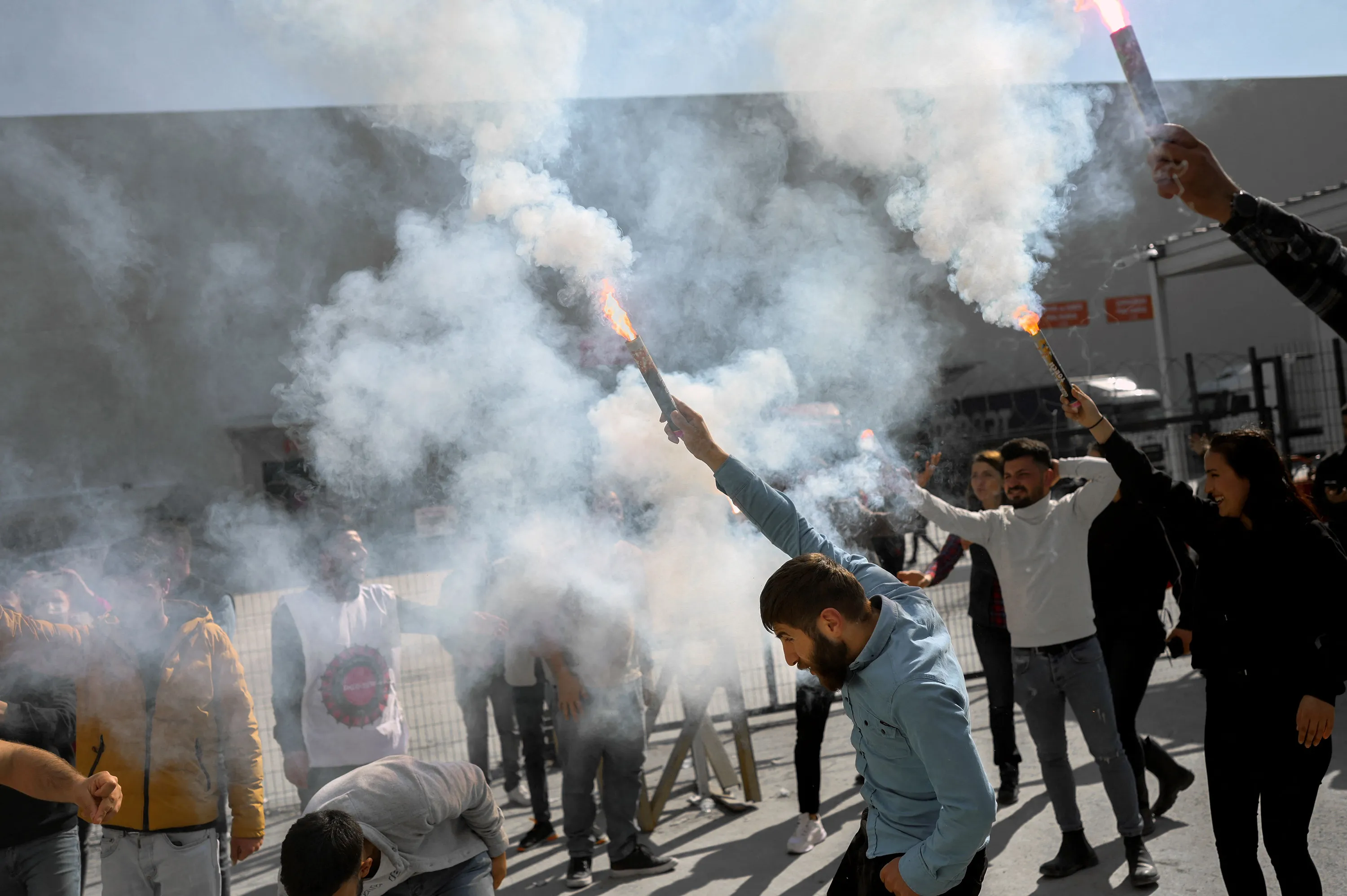 Supermarket Migros warehouse workers celebrate outside the company warehouse after their claims were accepted,&nbsp;in Istanbul, Turkey, on Feb. 21.&nbsp;&nbsp;