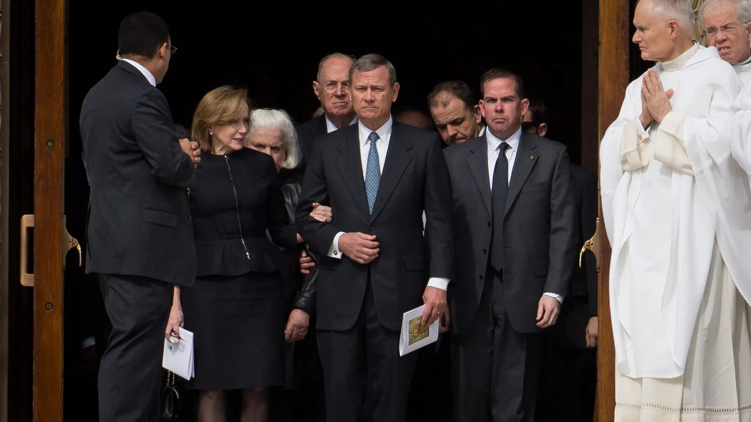 Supreme Court Chief Justice John Roberts leaves the funeral for late Supreme Court Justice Antonin Scalia on Feb. 20, 2016 in Washington.
