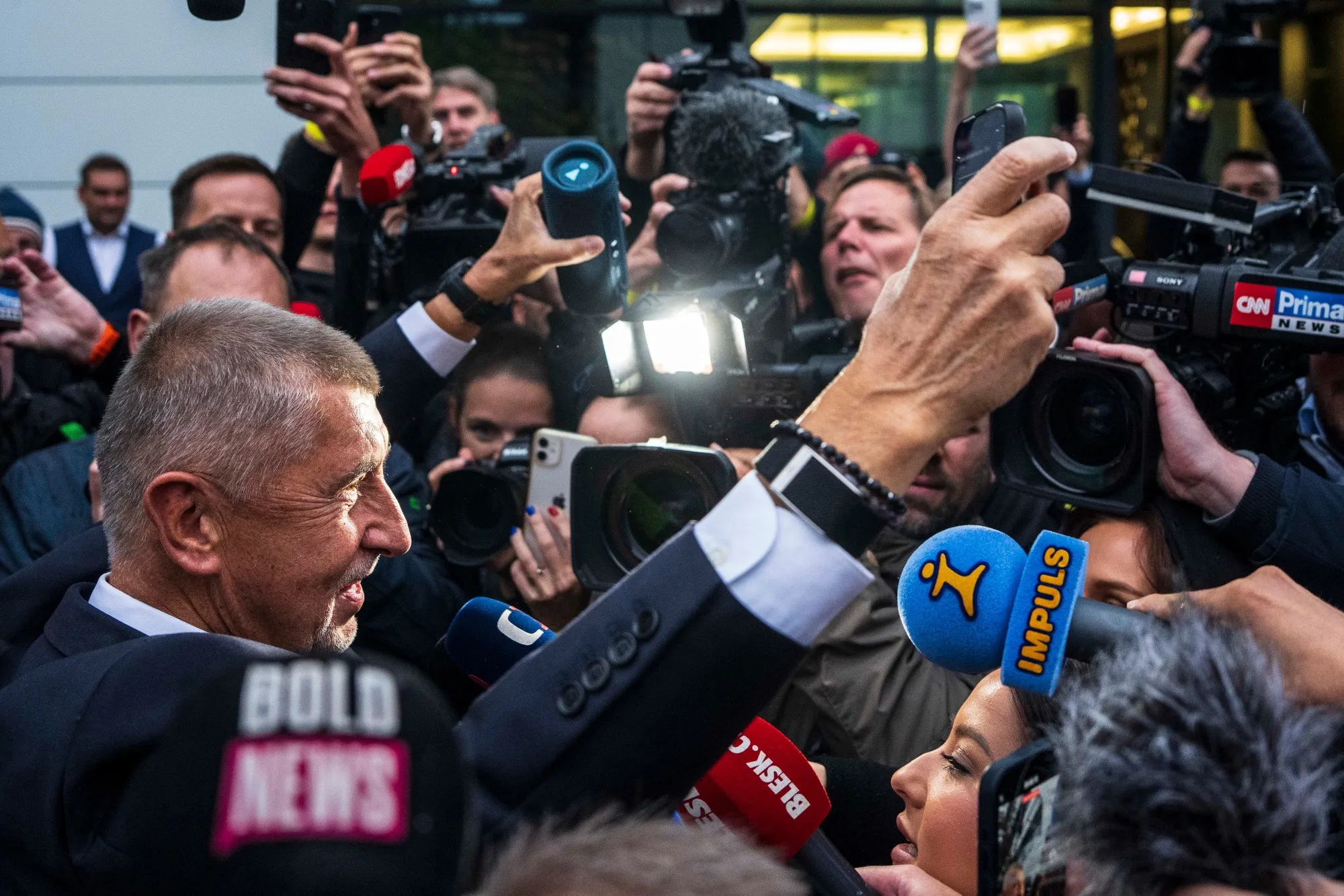 Andrej Babis arrives at the ANO party headquarters in Prague on Oct. 4.