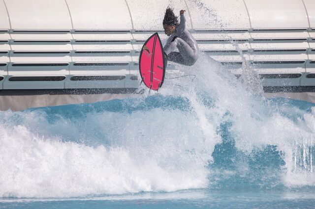 Brazilian rapper and professional skateboarder Lennon Frassetti, known as L7NNON and L7, tests the wave pool at Beyond The Club. 