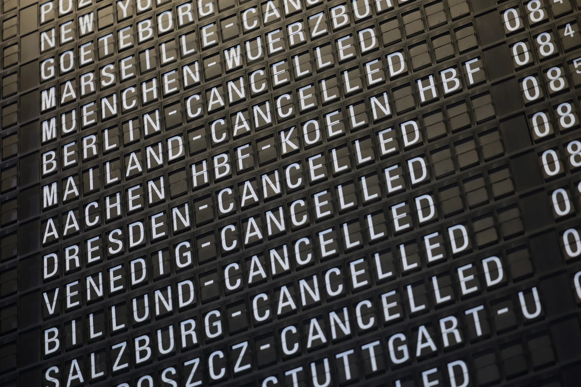 A flight information departure board displaying canceled flights at Frankfurt Airport, on April 13.