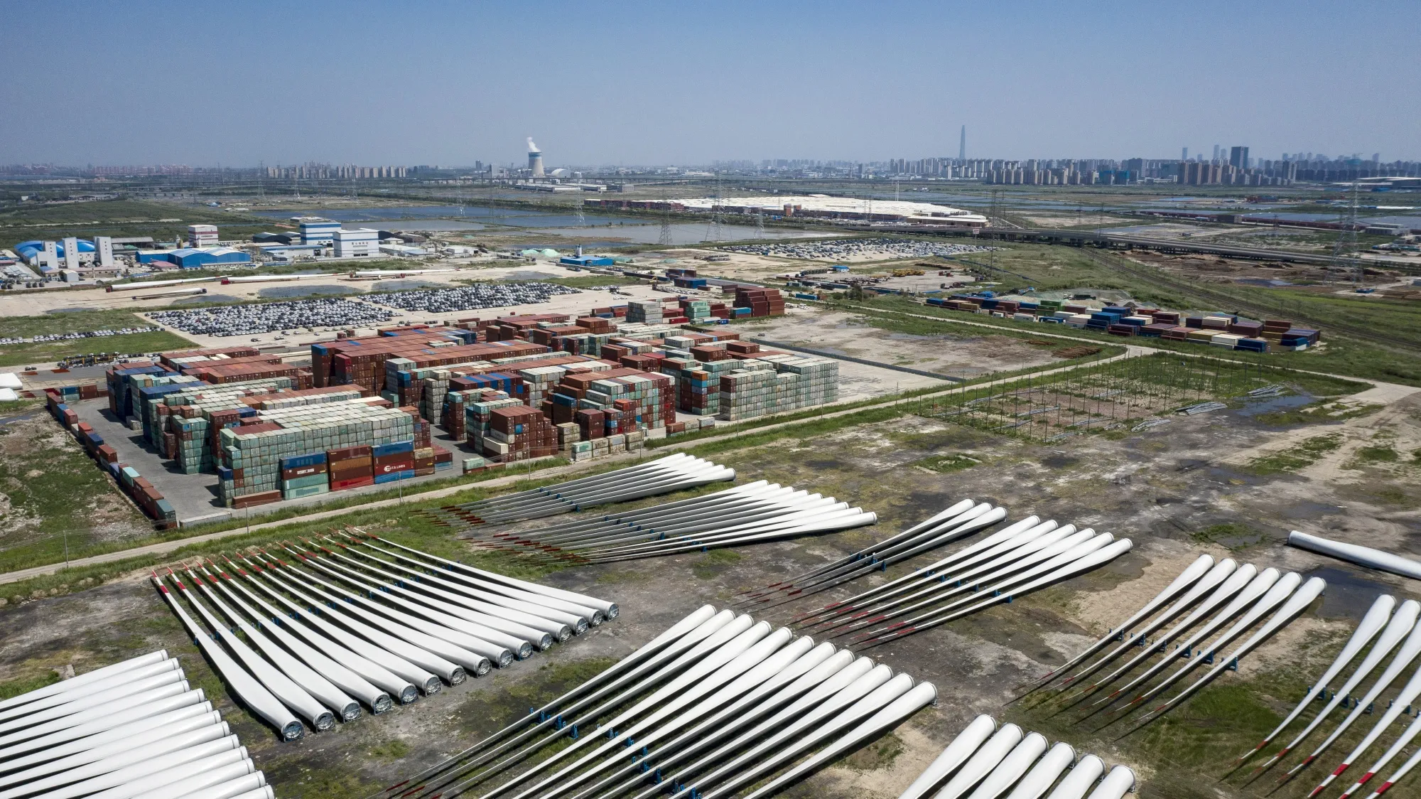 Blades for wind turbines&nbsp;at a logistics depot in Tianjin, China.&nbsp;