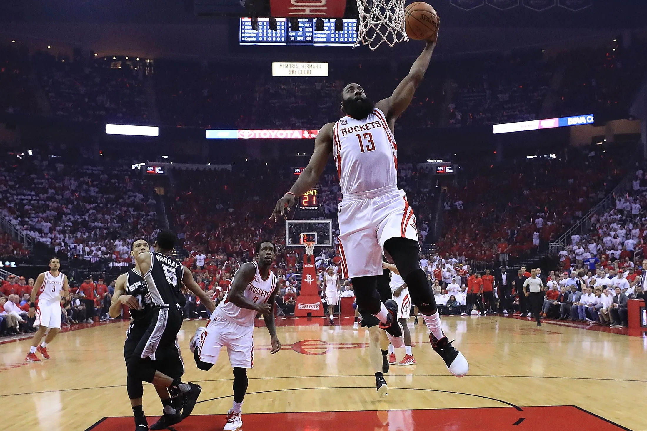 James Harden #13 of the Houston Rockets dunks against the San Antonio Spurs on May 5, 2017.
