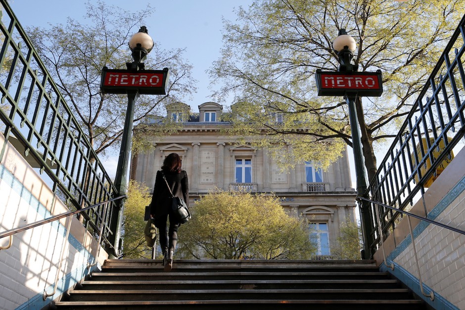 A woman leaves the Châtelet station, which is on the only accessible line of the Paris Metro, Line 14.