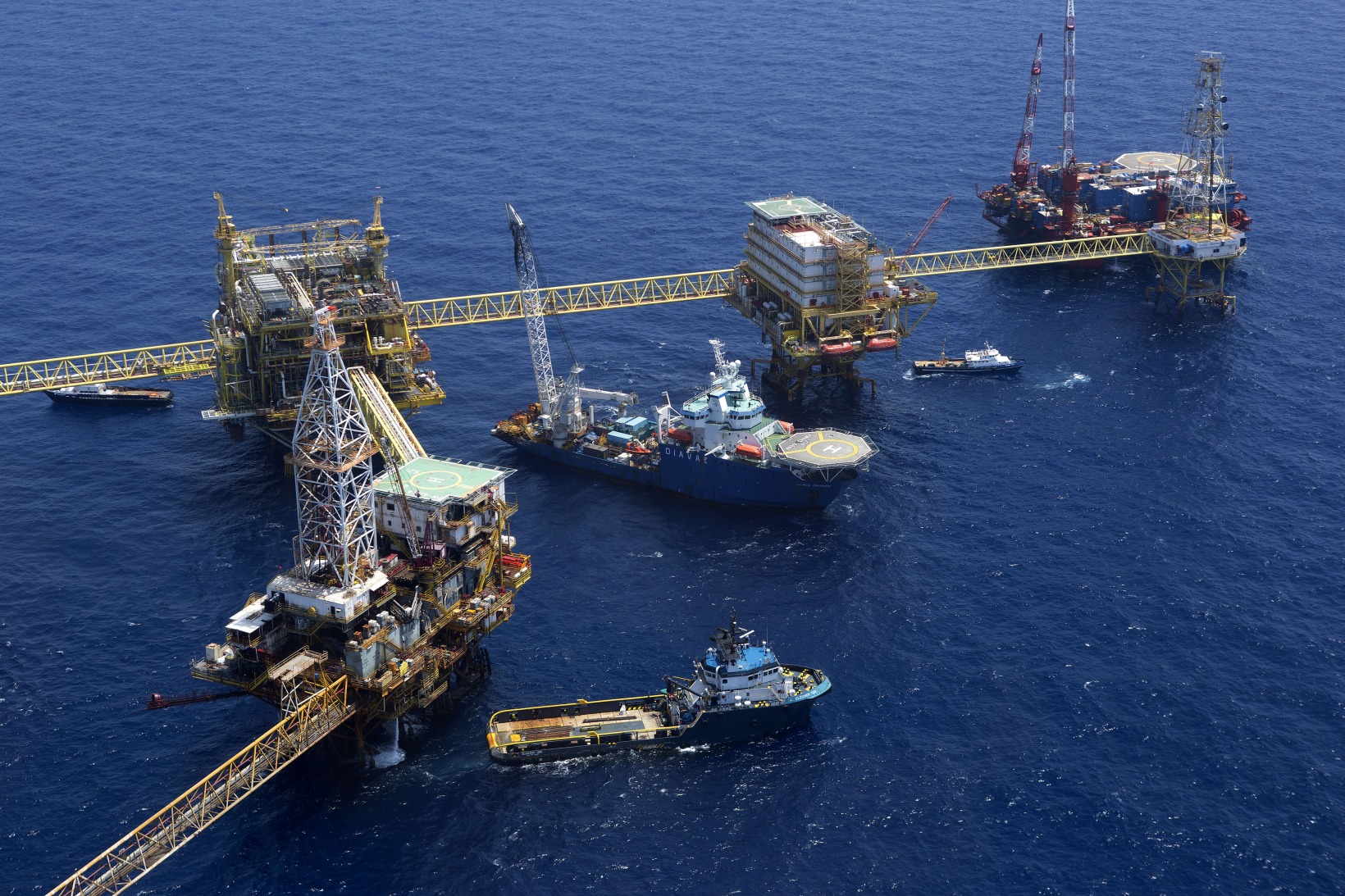 Pemex Oil drilling rigs stand off the coast of Ciudad del Carmen