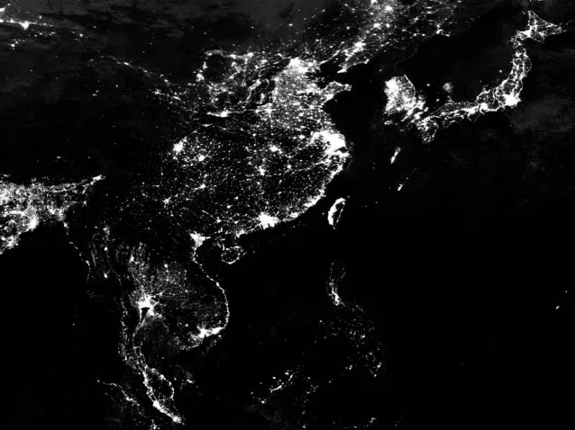 A satellite image of night-time lights in Asia.
