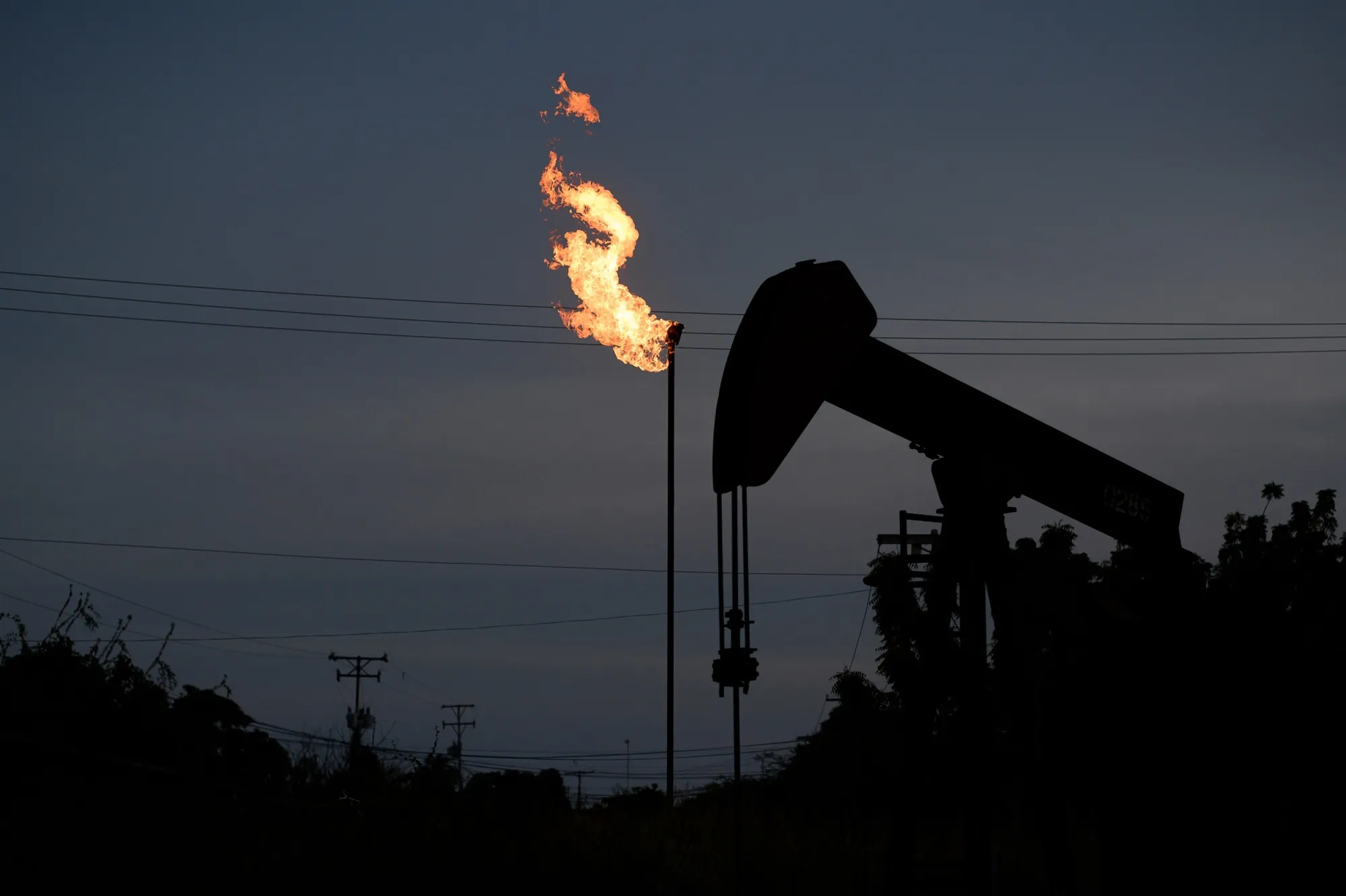An oil pumpjack on Lake Maracaibo in Cabimas, Venezuela.