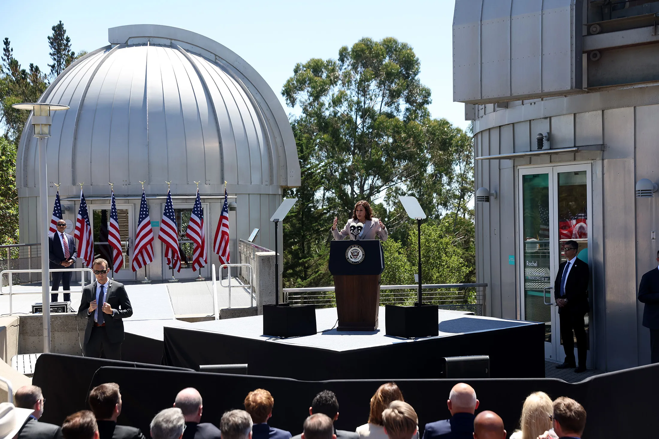 Vice President Kamala Harris speaks during a visit to Chabot Space & Science Center in Oakland, California, on Aug. 12.