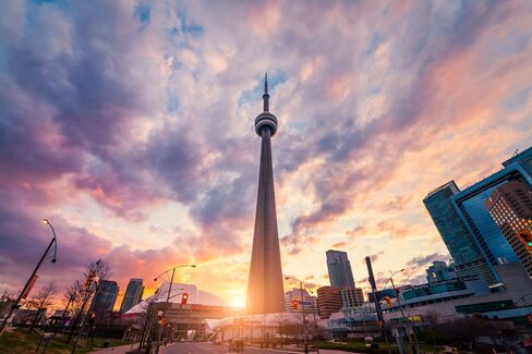 The CN Tower, the tallest spire in the Western Hemisphere, at sunset.