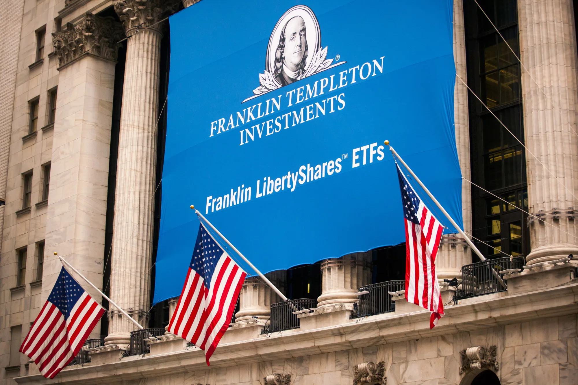 Franklin Resources Inc. signage is displayed outside the New York Stock Exchange in New York.