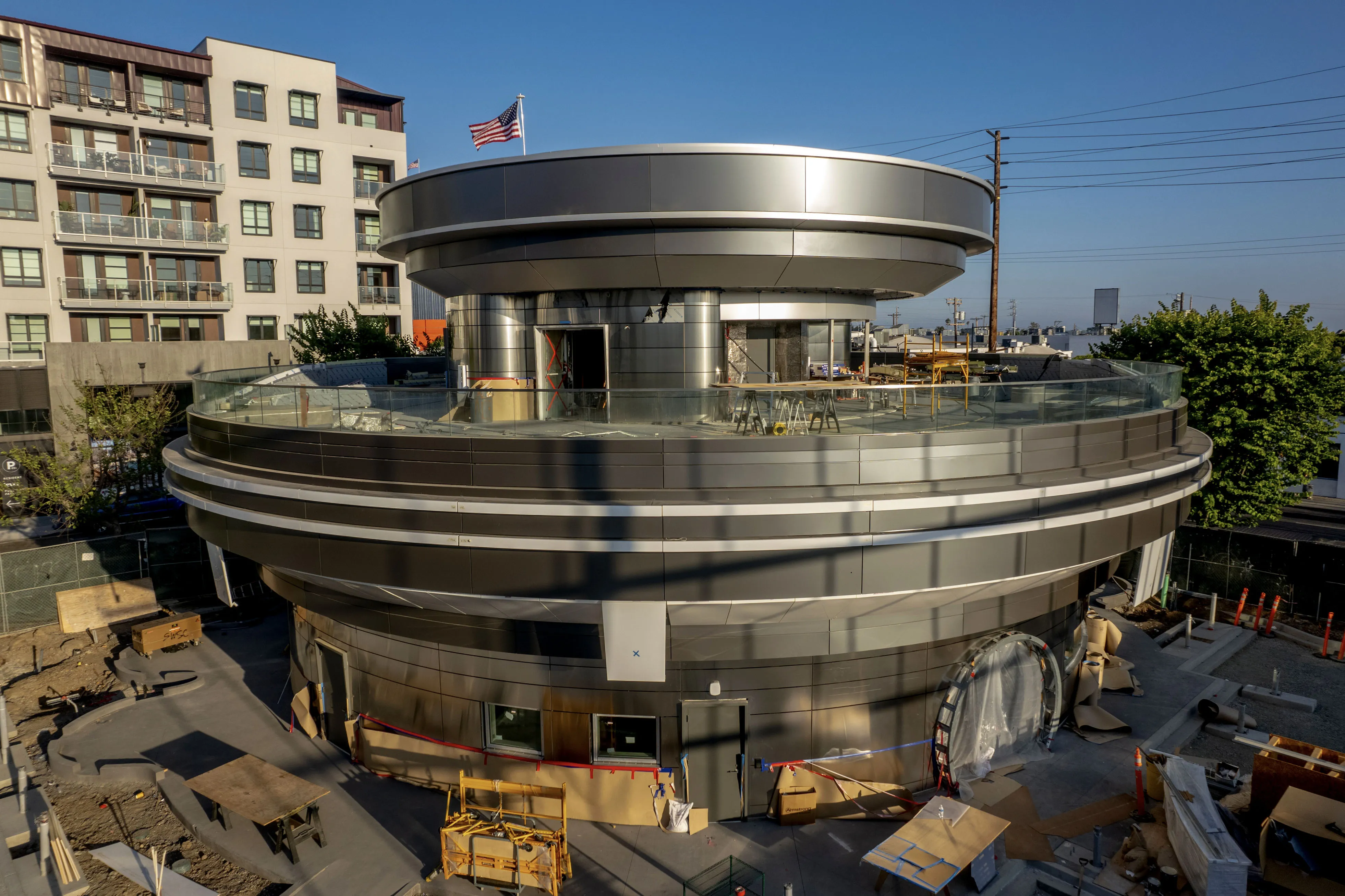 Tesla’s ’50s diner-themed charging station under construction in September.