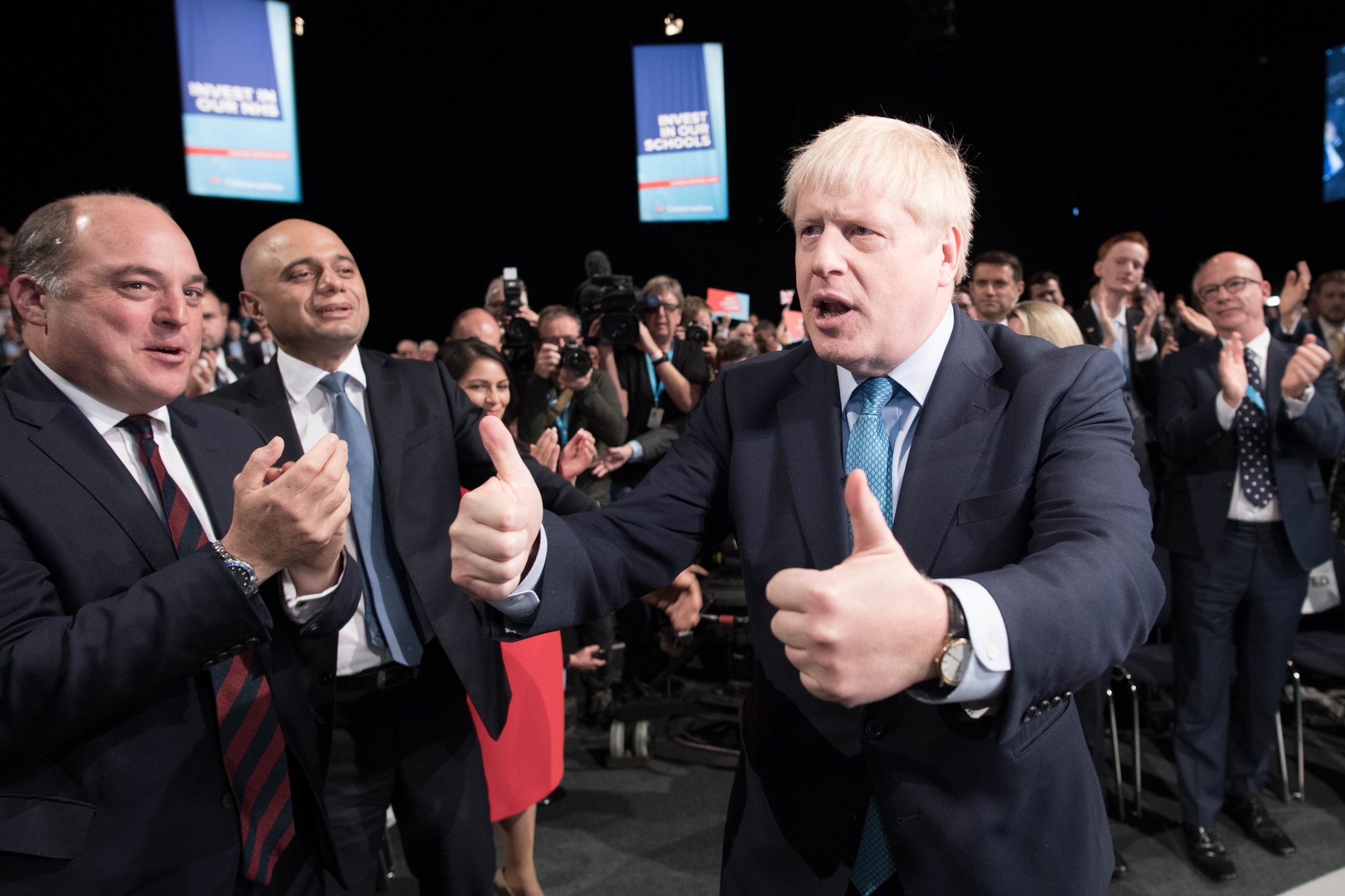 Boris Johnson gives a thumbs up after delivering a speech during the Conservative Party Conference in October.