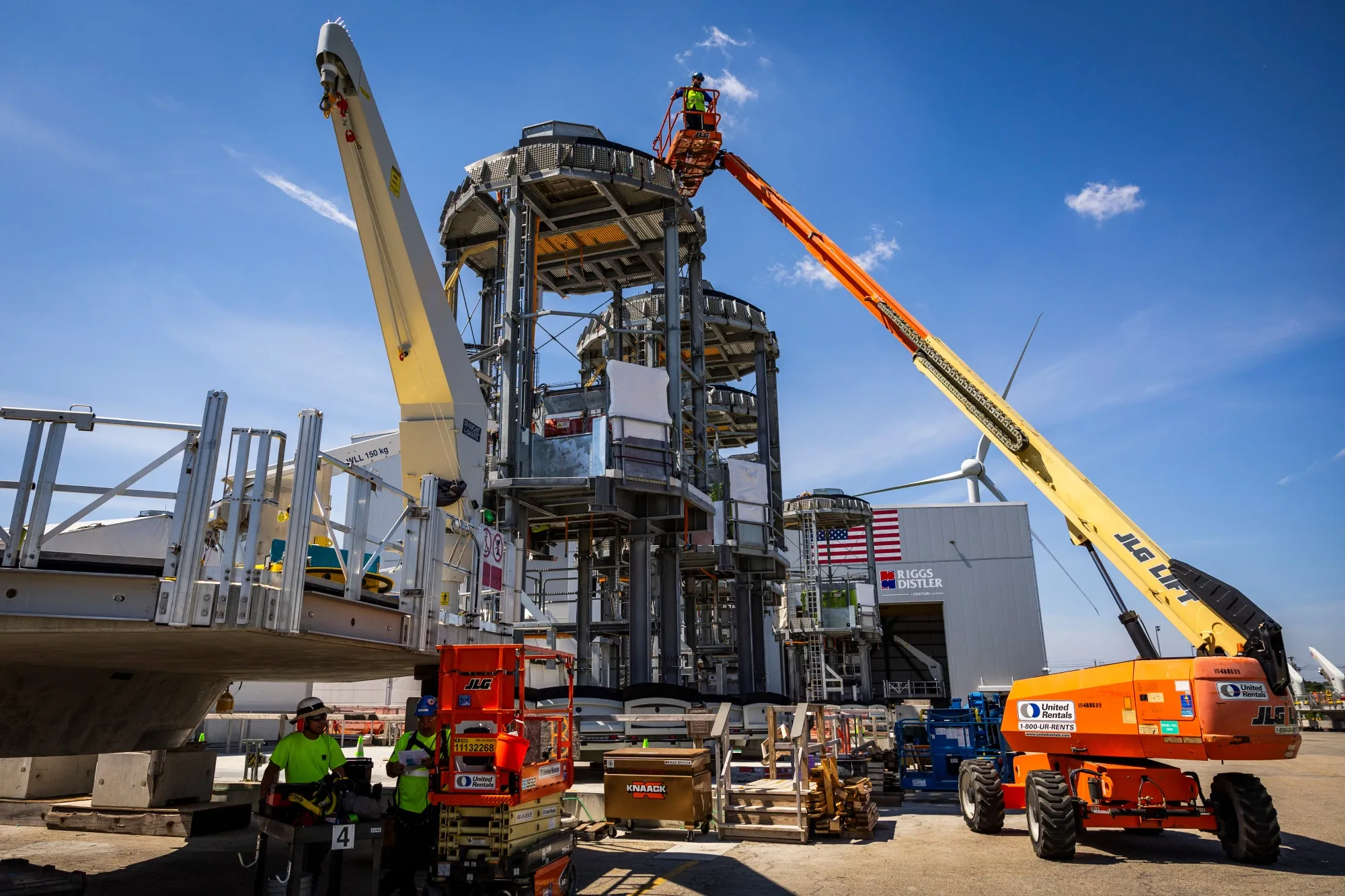Wind turbine foundation components at the Revolution Wind construction hub in Providence, Rhode Island.
