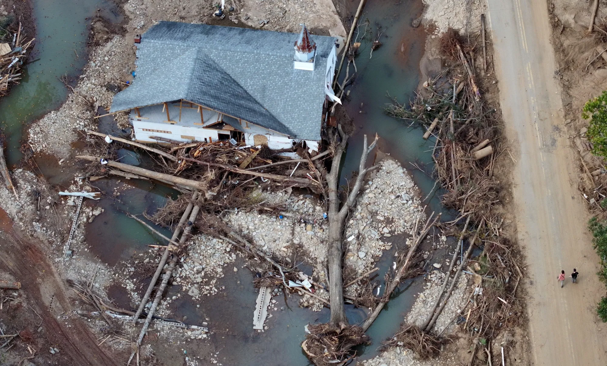 A destroyed church in the aftermath of Hurricane Helene flooding&nbsp;in Swannanoa, North Carolina.&nbsp;