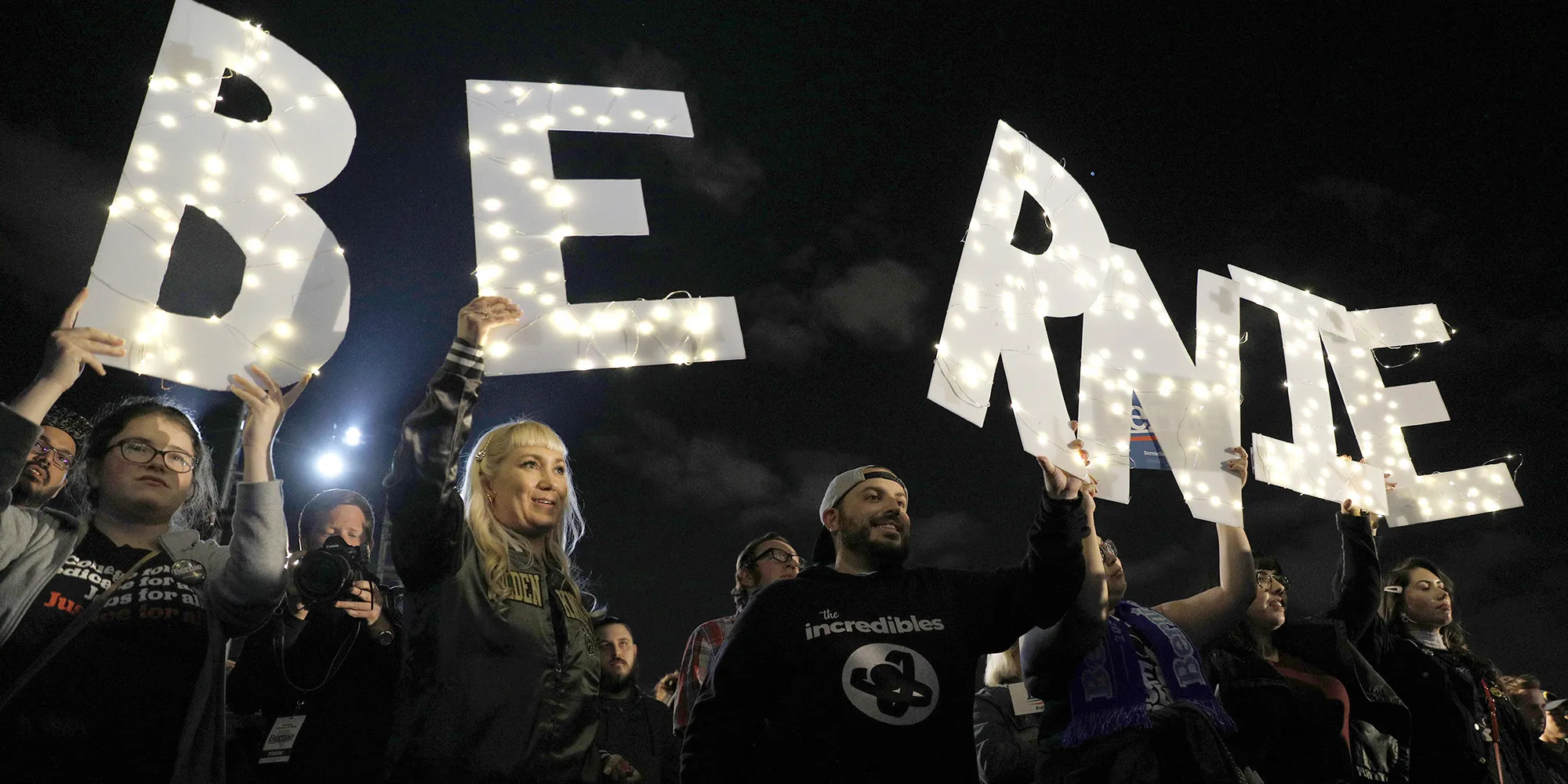Attendees hold illuminated letter signs&nbsp;during a campaign event for Bernie Sanders in Las Vegas on Feb. 21.