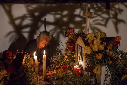 Family members light candles in honor of the dead at San Felipe de Aqua cemetery in Oaxaca, Mexico.