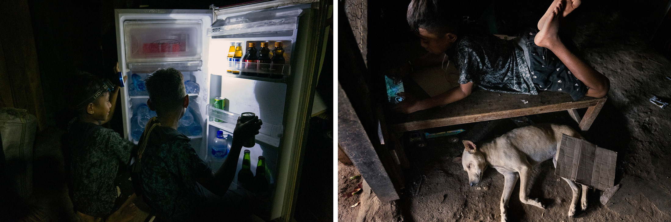 Left: Andro, Timbo’s 9-year-old son, uses a headlamp to get a drink from an unpowered refrigerator. Right: Andro plays a game on a mobile phone.