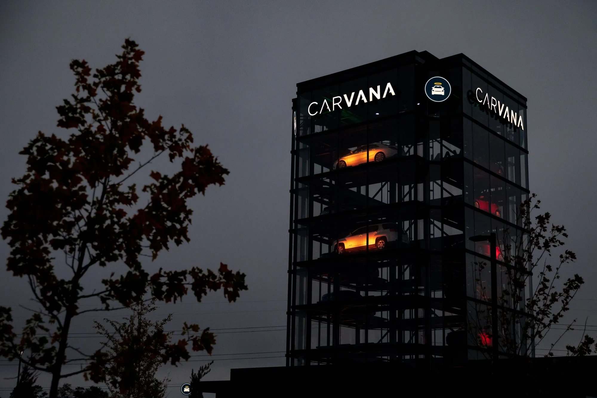 Signage outside a Carvana Vending Machine location in Novi, Michigan.
