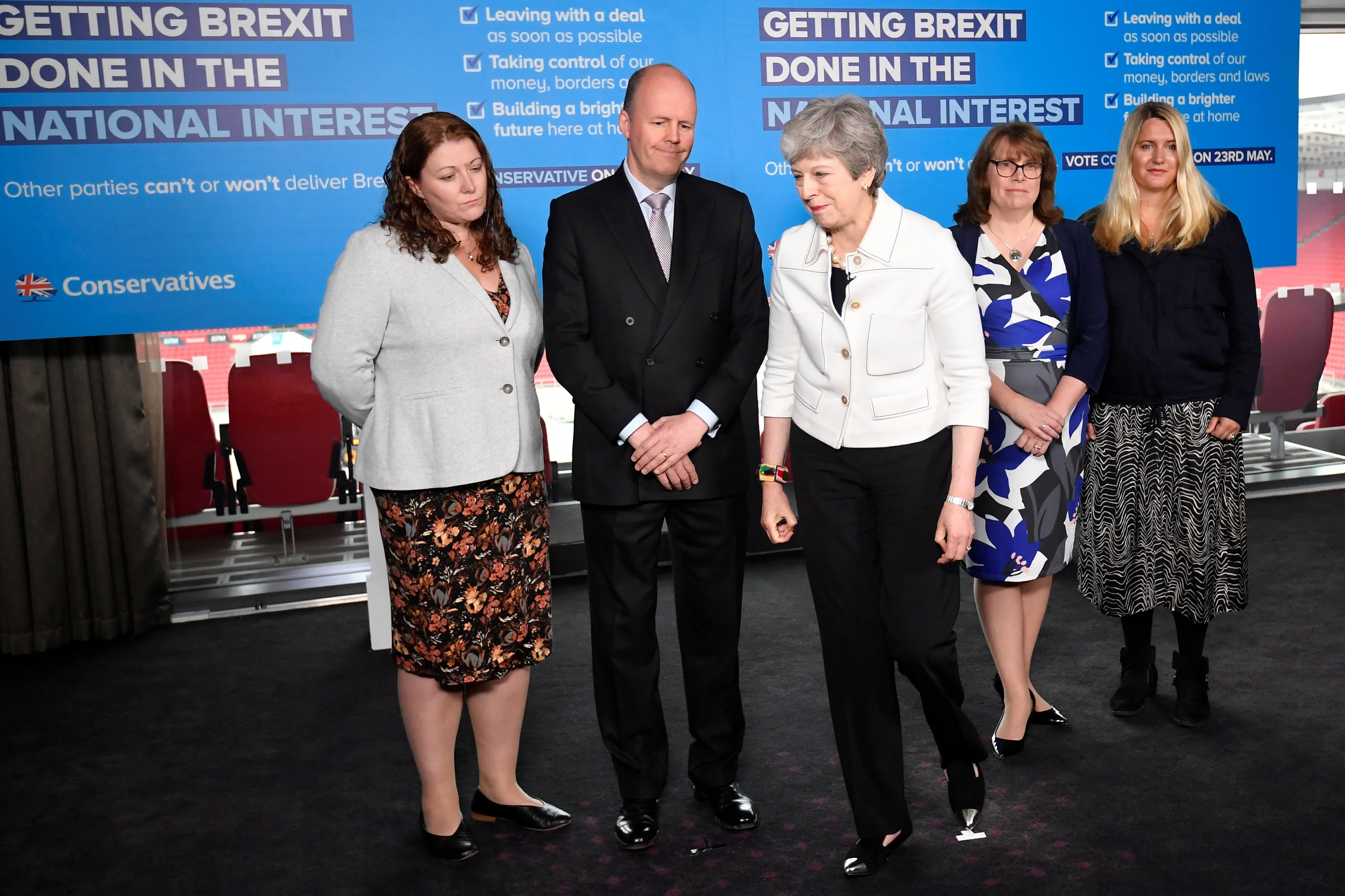 Theresa May, U.K. prime minster, center, at a&nbsp;European Parliament election campaign event for the Conservative party&nbsp;in Bristol&nbsp;on May 17.