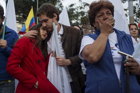People react after learning the results of a referendum in Bogota, on Oct. 2.